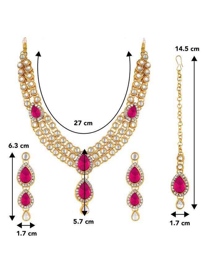Peora Gold Plated Traditional Rani Pink Kundan Necklace Earring Maang Tikka Jewellery Set for Women - Image 4