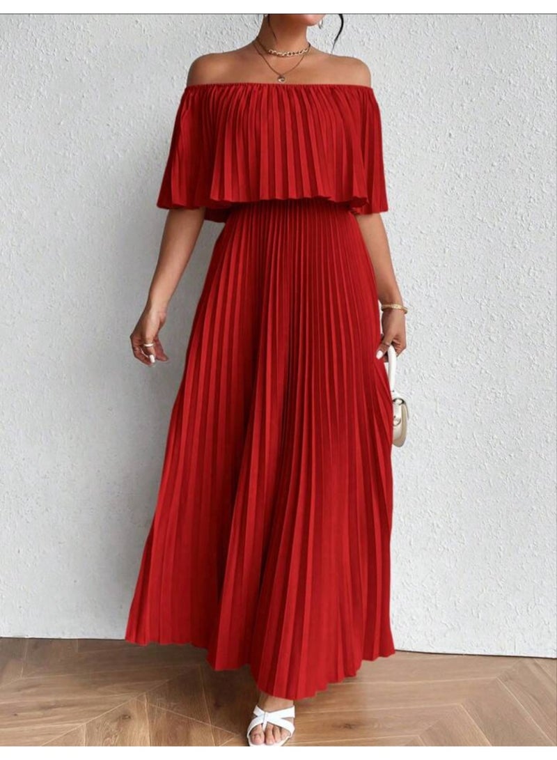 Women pleated off shoulder red maxi dress satin - Image 4