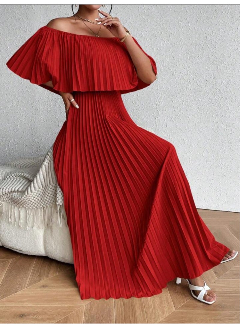 Women pleated off shoulder red maxi dress satin - Image 1