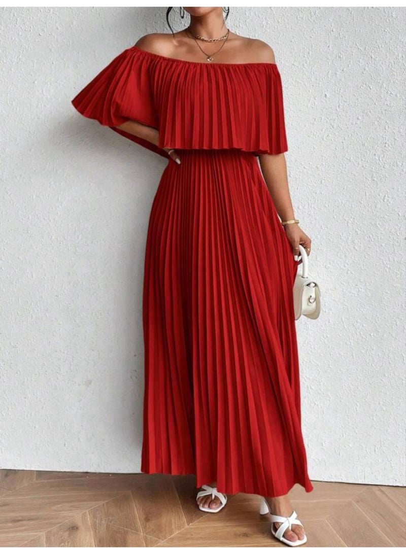 Women pleated off shoulder red maxi dress satin - Image 3