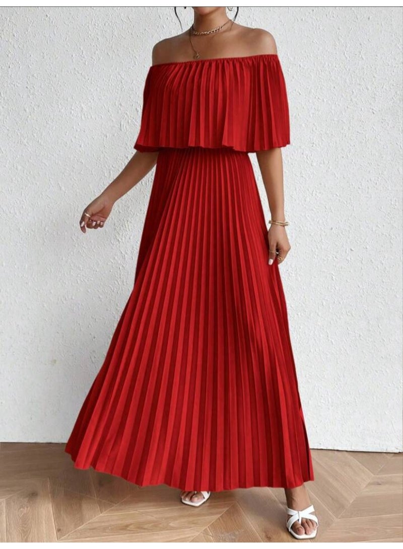 Women pleated off shoulder red maxi dress satin - Image 2