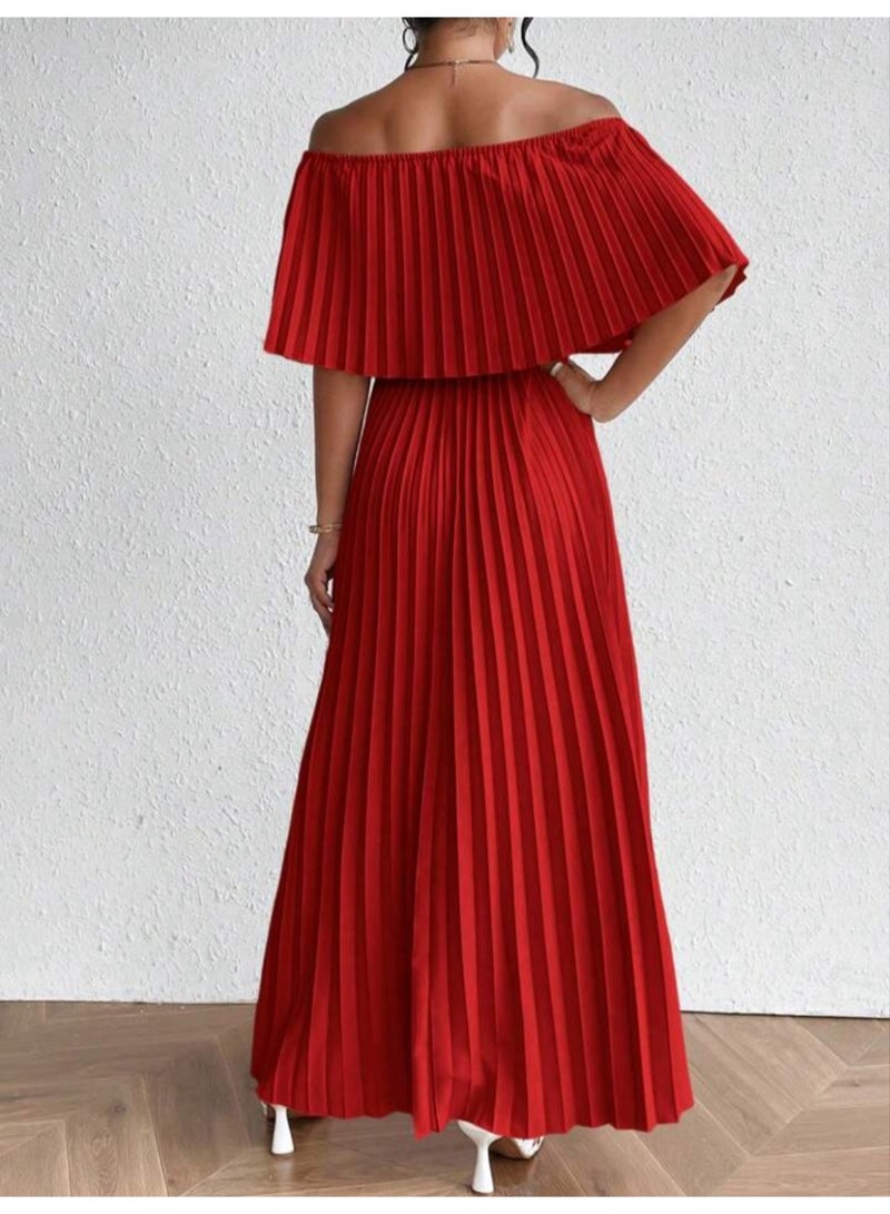Women pleated off shoulder red maxi dress satin - Image 5
