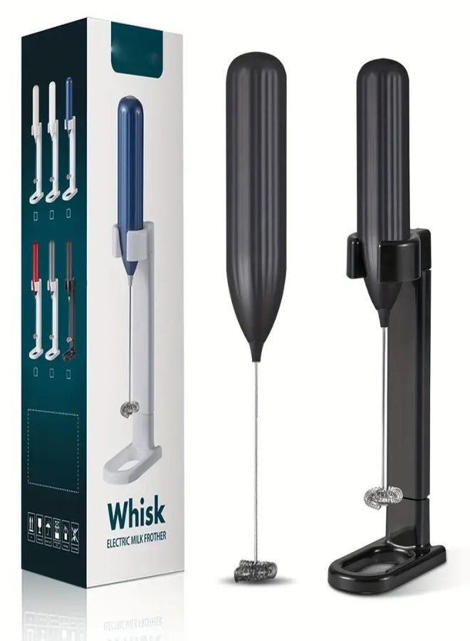 ارواق خلاط حليب كهربائي عالي السرعة مع حامل، يتميز بمحرك 10000 دورة في الدقيقة، و25 خفاقة حلزونية، وتصميم محمول، مثالي للاستخدام المنزلي والتخييم وصنع القهوة واللاتيه والكابتشينو والماتشا - أسود - Image 1