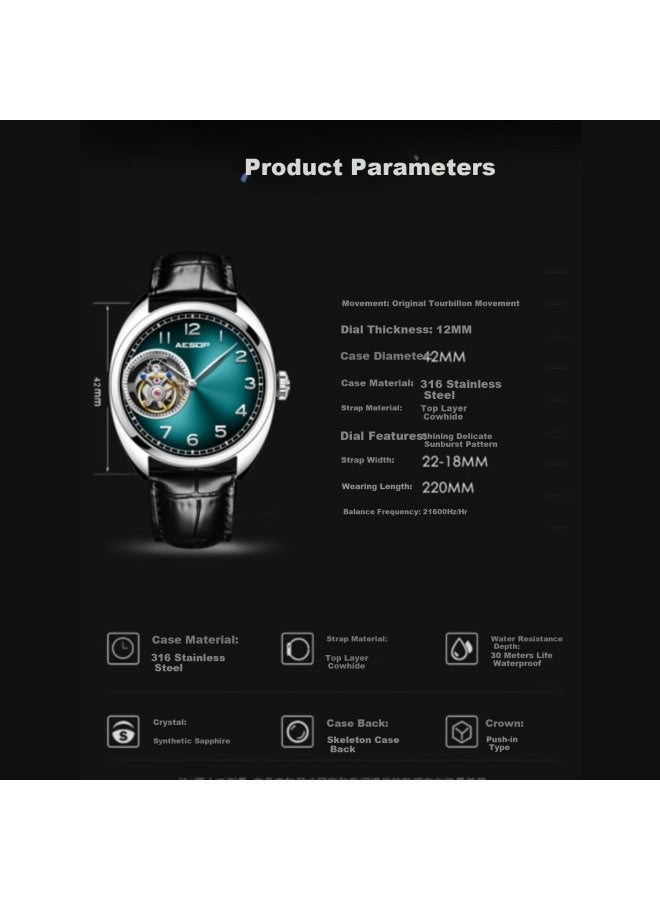 Aesop Tourbillon Skeleton Mechanical Men's Watch Leather Strap Ultra-thin Waterproof Swiss Quality Luxury Wrisch Gift For Husband - Image 2