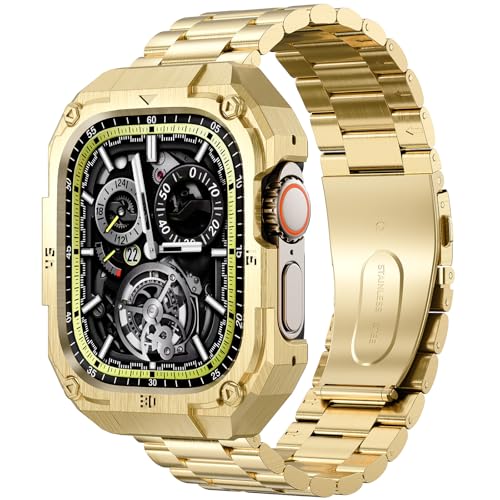 PanPinnacle Formal Stainless Steel Watch Case with Band Compatible with Apple Watch Series 11 10 46mm Band for Men,Metal Protective Bumper Cover iwatch Band with Strap,Gold - Image 1