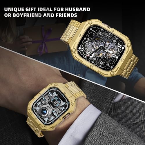 PanPinnacle Formal Stainless Steel Watch Case with Band Compatible with Apple Watch Series 11 10 46mm Band for Men,Metal Protective Bumper Cover iwatch Band with Strap,Gold - Image 5