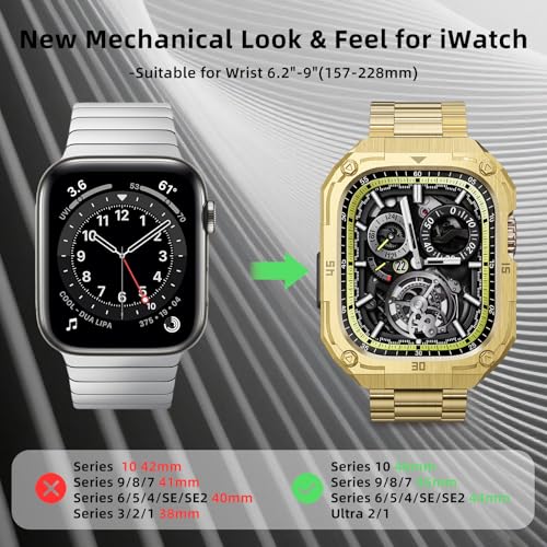 PanPinnacle Formal Stainless Steel Watch Case with Band Compatible with Apple Watch Series 11 10 46mm Band for Men,Metal Protective Bumper Cover iwatch Band with Strap,Gold - Image 3