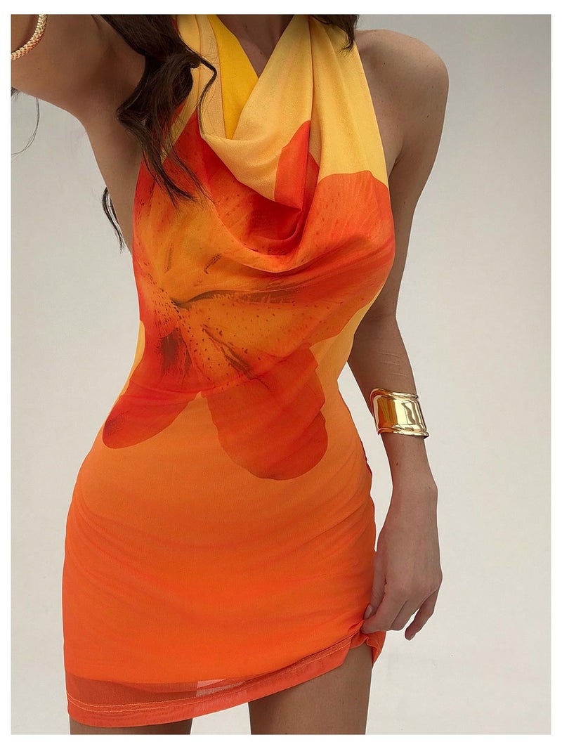MakeMeChic Women's Vacation Mini Dress Y2k Halter Backless Dresses Cowl Neck Floral Sundress Orange Large - Image 4