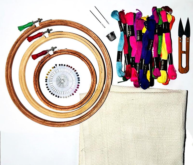 KHUSHA CREATIONS Embroidery Kit/Complete Starter Kit for Beginners/DIY Embroidery Set Embroidery Hoop with 3 Hoops, Matty Cloth and Embroidery Essentials - Image 1
