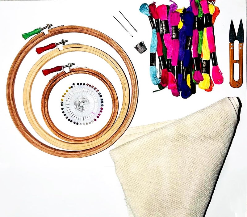 KHUSHA CREATIONS Embroidery Kit/Complete Starter Kit for Beginners/DIY Embroidery Set Embroidery Hoop with 3 Hoops, Matty Cloth and Embroidery Essentials - Image 2