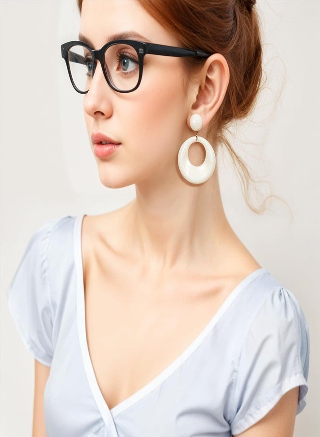 Yolev 70s White Acrylic Hoop Earrings, Retro Disco Ball Earrings, Hollow Round Drop Earrings, Open Circle Ring, White Color - Image 3