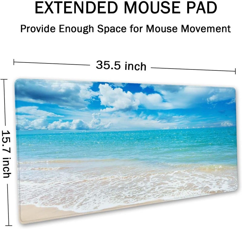 SSOIU Gaming Mouse Pad, Extended Mouse Pad, 35.5x15.7inch XXL Large Big Computer Keyboard Mouse Mat Desk Pad with Non-Slip Base and Stitched Edge for Home Office Gaming Work, Beaches Sunny Day - Image 2