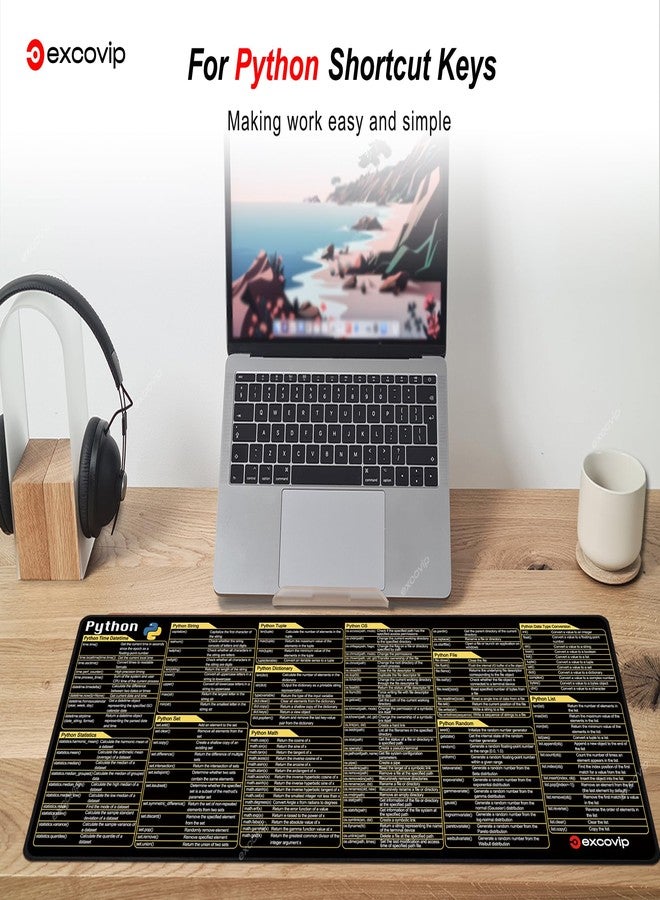 excovip Python Commands Shortcuts Mouse Pad -80x30x0.2 cm Extended Large Cheat Sheet Mousepad PC Office Spreadsheet Keyboard Mouse Mat Non-Slip Stitched Edge 0306 - Image 3