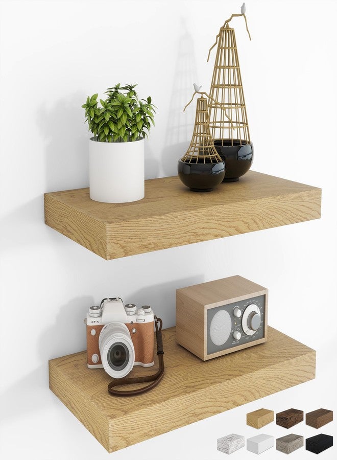 RICHFOCUS 16Inch Floating Shelves for Wall 2 Pack Shelves for Bedroom|Kitchen|Bathroom Wall Mounted Rustic Wood Floating Shelf with Invisible Brackets for Books|Storage|Decor, Oak - Image 1