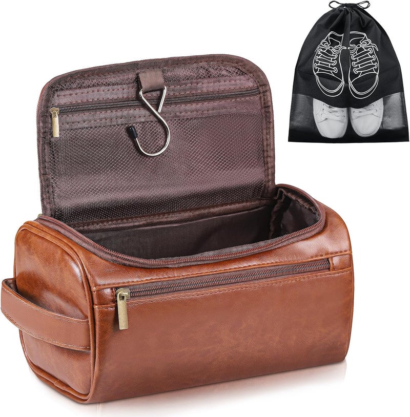 Zocipro حقيبة مستحضرات الرجال من جلد ، مصنوعة من جلد صناعي PU، مناسبة للسفر والصالة الرياضية والحلاقة، تحتوي على تقسيم للمستلزمات الجافة والرطبة مع 3 أقسام - حقيبة مثالية للرجال، بلون بني، أبعادها 23 × 13 × - Image 1