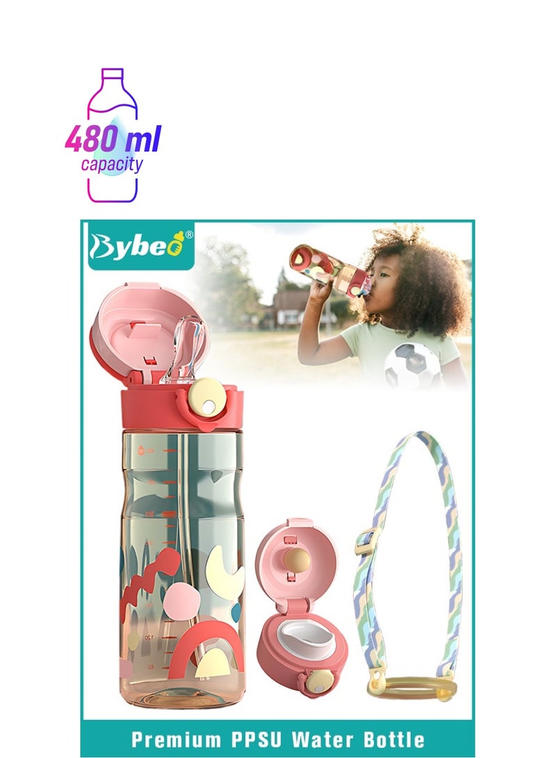 بيبو زجاجة ماء للأطفال من PPSU مع قشاط وفوهة، زجاجة شرب للأطفال مع حزام قابل للإزالة، كوب شرب للأطفال، خالية من مادة البيسفينول أ، مانعة للتسريب بتصميم كرتوني رياضي للرحلات والمدرسة، 480 مل، اللون الأخضر - Image 1