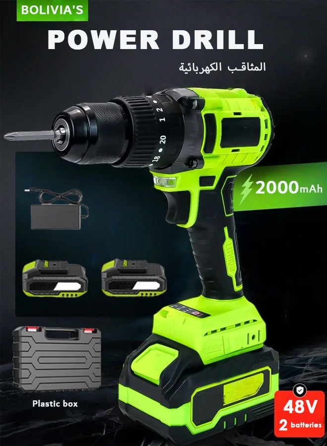 Bolivia's Drill,48V Cordless Drill, Two Li-Ion Batteries and Fast Charger, 3/8" Drill Kit Tools Set,LED Work Light, Variable Speed ​​Drill, 24 Accessories +Power Tools box - Image 1