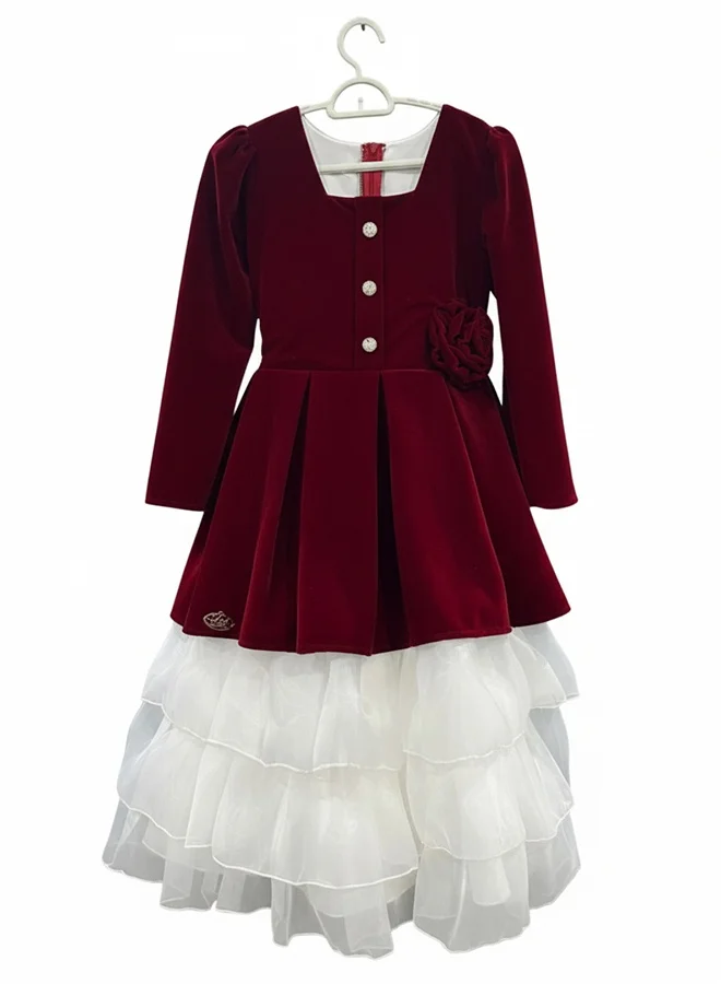 HAWRAA ABAYA Girls’ velvet dress in burgundy with white tulle layers – a luxurious design with a back belt