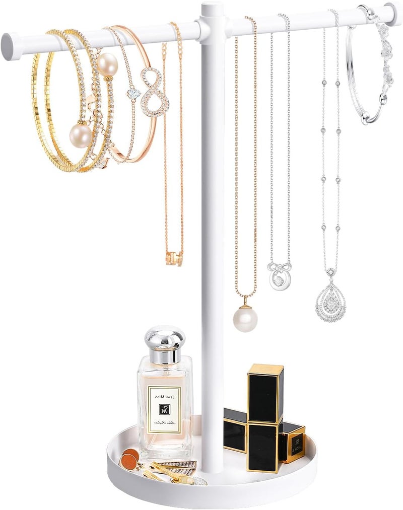 bodkar Jewelry Necklace Organizer Stand,12.9" Tall Sturdy Metal Jewelry Stand with Round Tray for Bracelet Bangles Holder Display,Long Necklace Organizer Holder (white) - Image 1