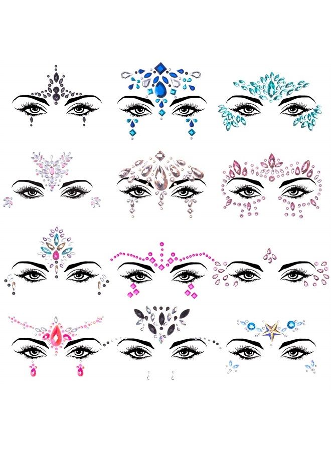 SIQUK 12 Sets Face Jewels Mermaid Face Gems Face Rhinestone Temporary Tattoos Crystal Tears Gems Stones for Race Carnival Festival Party - Image 1