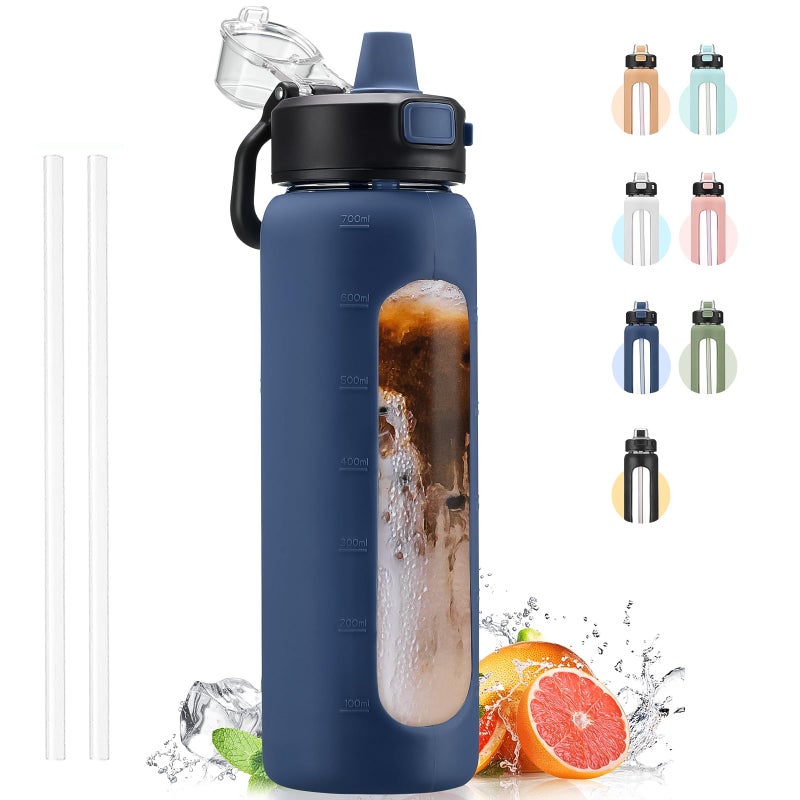 Kodrine Water Bottle With Straw and Carry Handle  Glass Water Bottle 24 oz Leak Proof Locking Lid with Soft Silicone Spout  Small Clear Water Bottle  Travel Sports Water Jug  Time Marker  Navy Blue - Image 1