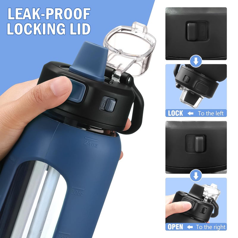 Kodrine Water Bottle With Straw and Carry Handle  Glass Water Bottle 24 oz Leak Proof Locking Lid with Soft Silicone Spout  Small Clear Water Bottle  Travel Sports Water Jug  Time Marker  Navy Blue - Image 2