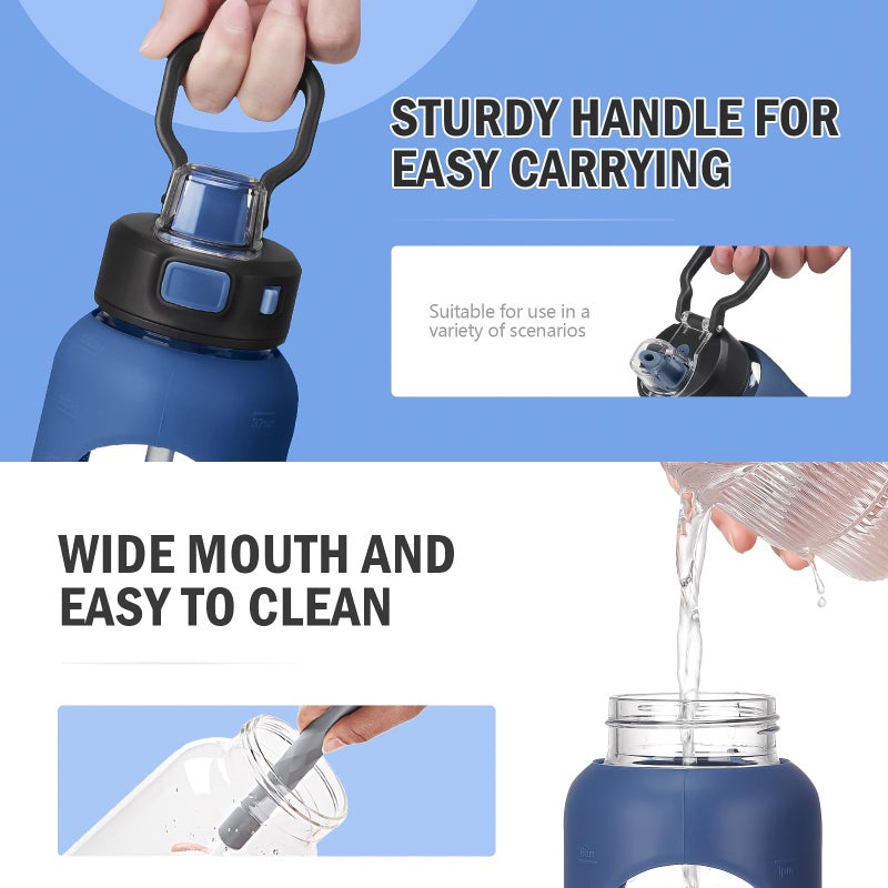 Kodrine Water Bottle With Straw and Carry Handle  Glass Water Bottle 24 oz Leak Proof Locking Lid with Soft Silicone Spout  Small Clear Water Bottle  Travel Sports Water Jug  Time Marker  Navy Blue - Image 3