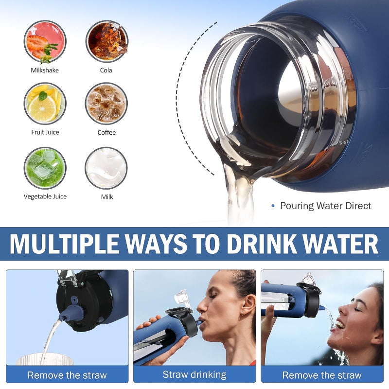 Kodrine Water Bottle With Straw and Carry Handle  Glass Water Bottle 24 oz Leak Proof Locking Lid with Soft Silicone Spout  Small Clear Water Bottle  Travel Sports Water Jug  Time Marker  Navy Blue - Image 4