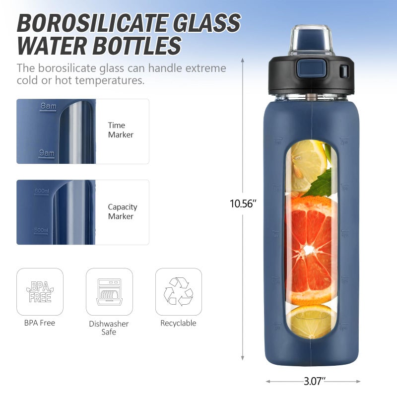Kodrine Water Bottle With Straw and Carry Handle  Glass Water Bottle 24 oz Leak Proof Locking Lid with Soft Silicone Spout  Small Clear Water Bottle  Travel Sports Water Jug  Time Marker  Navy Blue - Image 5
