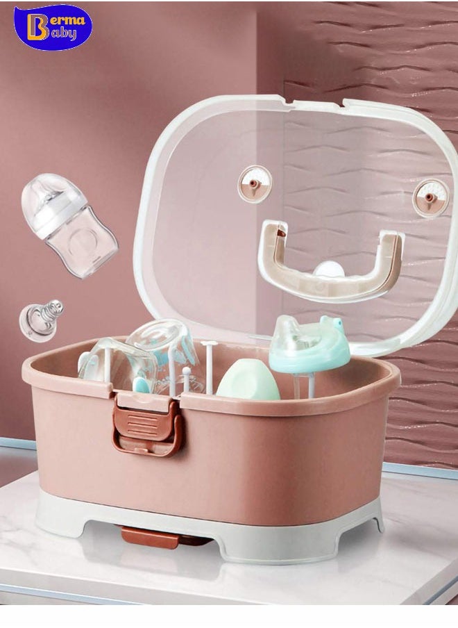 Berma Baby رف تجفيف زجاجات الأطفال، منظم صندوق تخزين زجاجات الرضاعة الكبير مع غطاء، منظم خزانة المطبخ المحمول، مصفاة سهلة التنظيف، مجفف سطح الطاولة المتين باللون الوردي  - Image 1