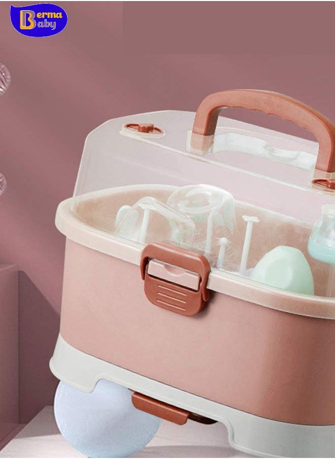 Berma Baby رف تجفيف زجاجات الأطفال، منظم صندوق تخزين زجاجات الرضاعة الكبير مع غطاء، منظم خزانة المطبخ المحمول، مصفاة سهلة التنظيف، مجفف سطح الطاولة المتين باللون الوردي  - Image 3