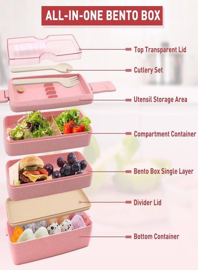 Meltset M 35Pcs Bento Box Japanese Lunch Box Kit Leakproof Bento Lunch Box for Kids Adults Wheat Straw 3 Layer Stackable Lunch Containers with Compartment Eco-Friendly Meal Prep Containers (Pink) - Image 3