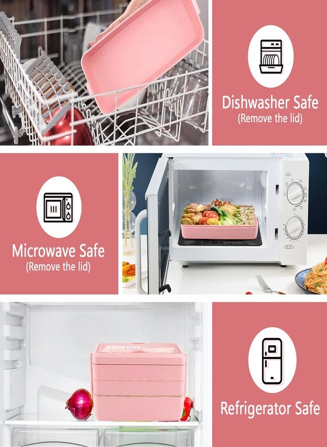 Meltset M 35Pcs Bento Box Japanese Lunch Box Kit Leakproof Bento Lunch Box for Kids Adults Wheat Straw 3 Layer Stackable Lunch Containers with Compartment Eco-Friendly Meal Prep Containers (Pink) - Image 5