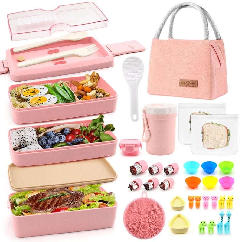 Meltset M 35Pcs Bento Box Japanese Lunch Box Kit Leakproof Bento Lunch Box for Kids Adults Wheat Straw 3 Layer Stackable Lunch Containers with Compartment Eco-Friendly Meal Prep Containers (Pink) - Image 1