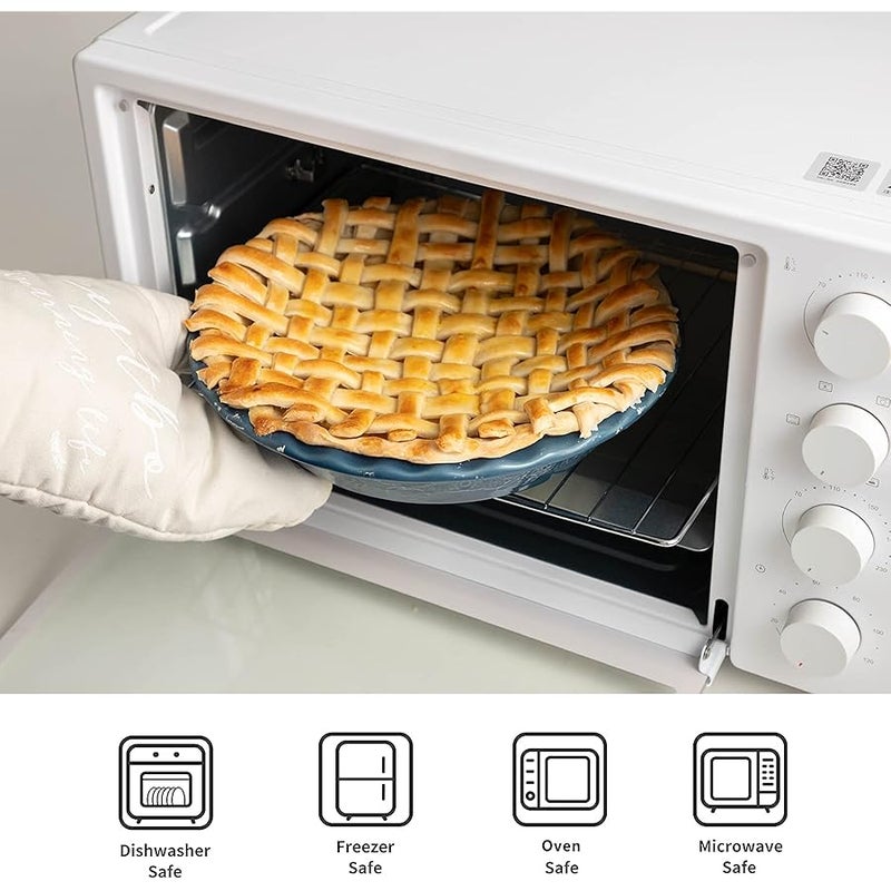 FE FUN ELEMENTS Pie Pan, 9 Inch Ceramic Pie Dish, Deep Dish Pie Pan with Lace Emboss, Ruffled Pie Plate for Baking(Grayish Blue) - Image 3