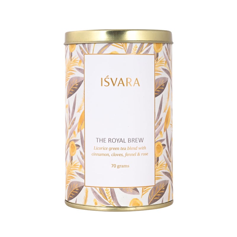 ISVARA, Cinnamon Green Tea - The Royal Brew | Pure herbal blend- Darjeeling Green Tea, Cinnamon, Fennel Seeds, Rose Petals, Cloves, Liquorice | Improve Gut health, digestion | tin caddy, 70g - Image 1