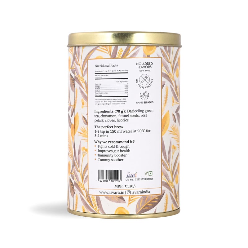 ISVARA, Cinnamon Green Tea - The Royal Brew | Pure herbal blend- Darjeeling Green Tea, Cinnamon, Fennel Seeds, Rose Petals, Cloves, Liquorice | Improve Gut health, digestion | tin caddy, 70g - Image 3