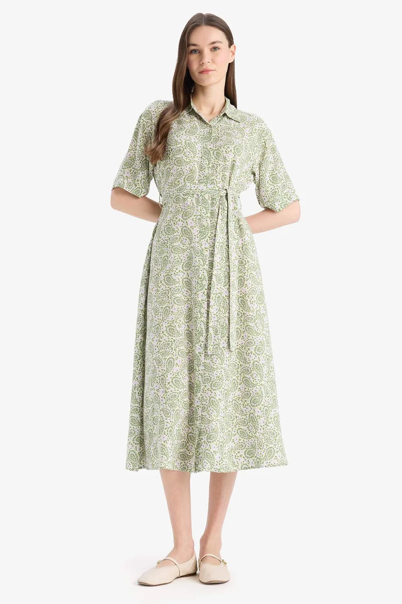 DeFacto A Cut Shirt Collar Printed Double Sleeves Dress