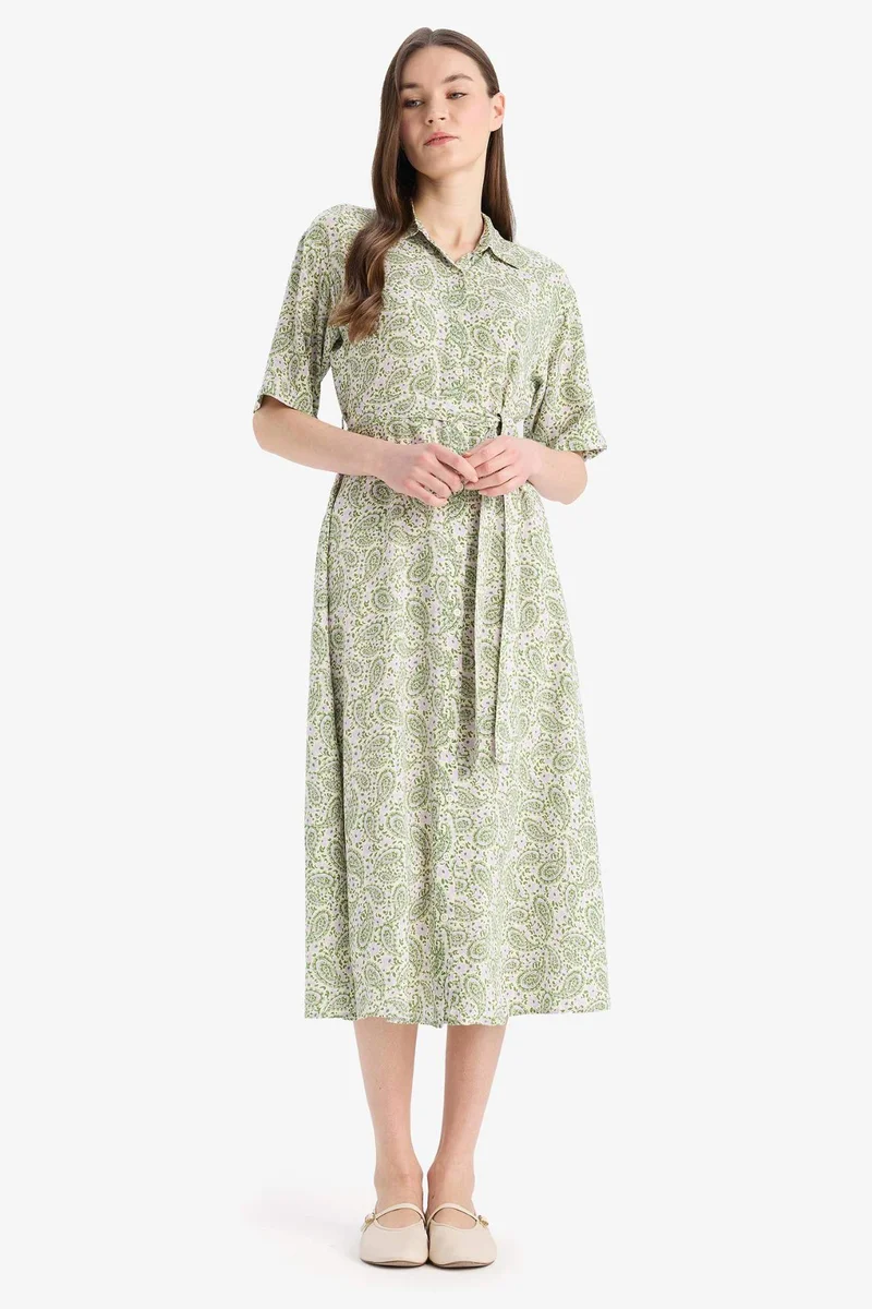 DeFacto A Cut Shirt Collar Printed Double Sleeves Dress