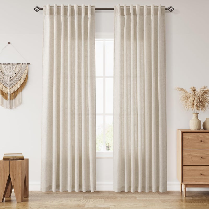 Nanspring Boho Linen Curtains 84 Inches Long for Living Room Light Filtering Semi Sheer Curtain Back Tab Eclectic Home Decor Modern Elegant Luxury Drapes for Bedroom Office 52x84,2 Panels - Image 1