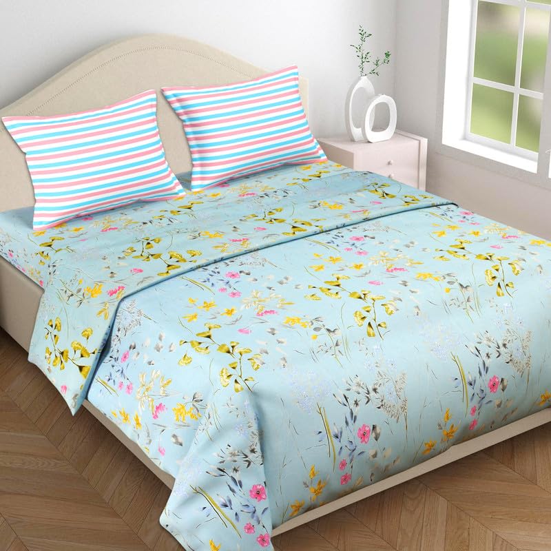VAS COLLECTIONS XXL Microfiber Soft Cotton King Size Bedsheet for Double Bed, King Size 108 x108 in, 9 Feet, 275x275 cm | 2 Large Size Pillow Covers Without Joint - Sky Blue and Pink, 200 tc - 240 tc - Image 1