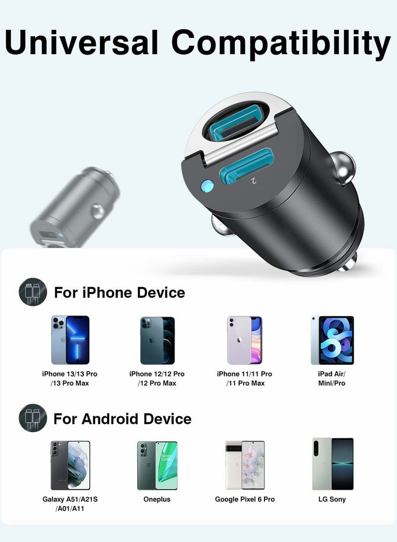 USB C Car Charger 30W, Smallest 4.8A Dual Port PD Phone Automobile Charger, Flush Fit Metal Adapter for iPhone 14/14 Pro/14 Pro Max/13 Pro/13 Max, Galaxy, iPad, MagSafe