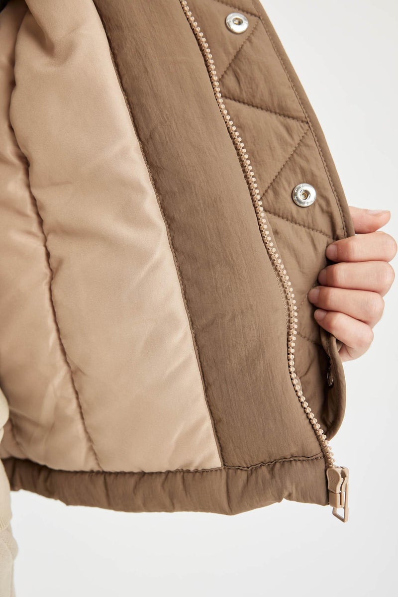 DeFacto Beige Boy Windproof Hooded Pocketed Puffer Jacket Casual - Image 4