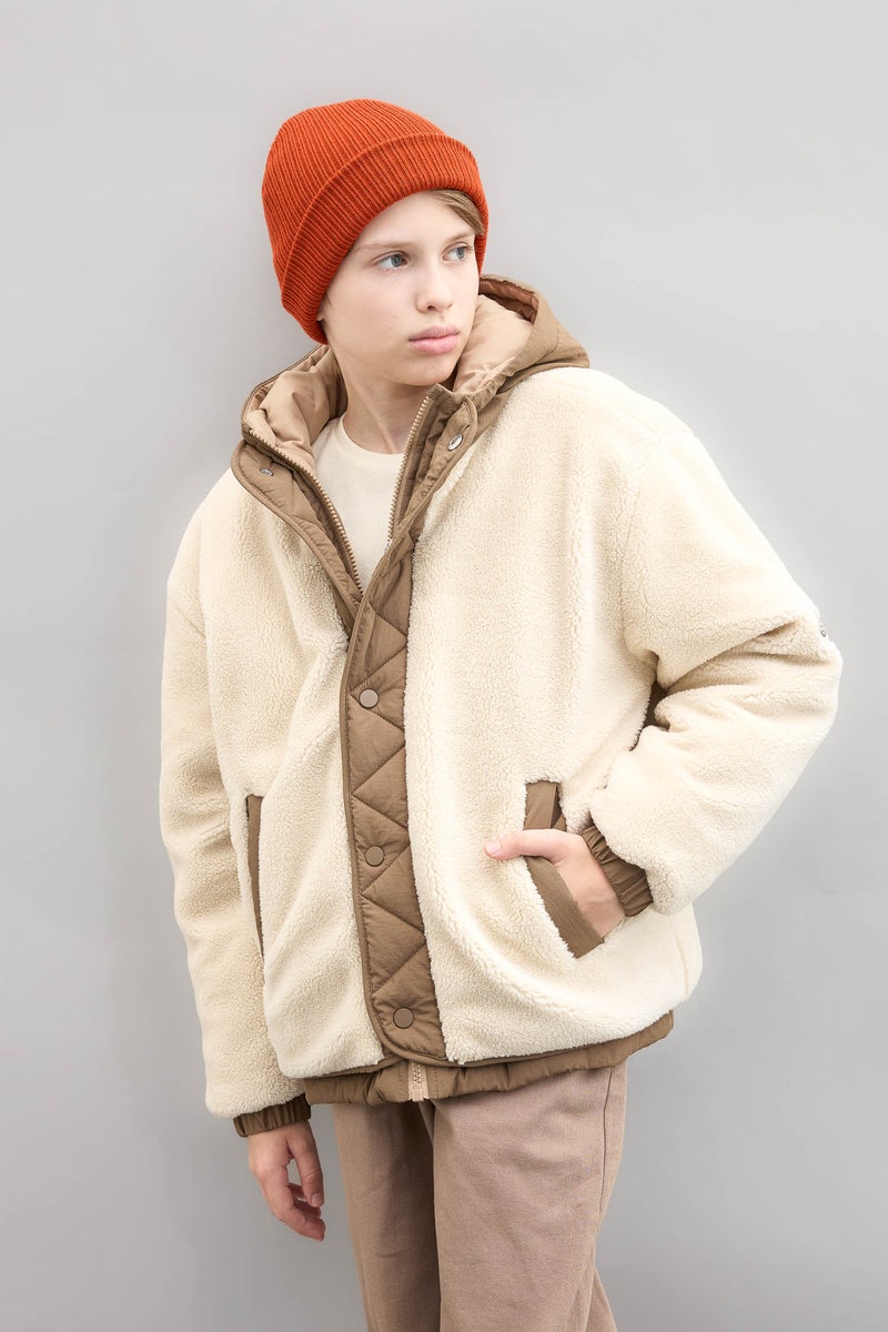 DeFacto Beige Boy Windproof Hooded Pocketed Puffer Jacket Casual - Image 1