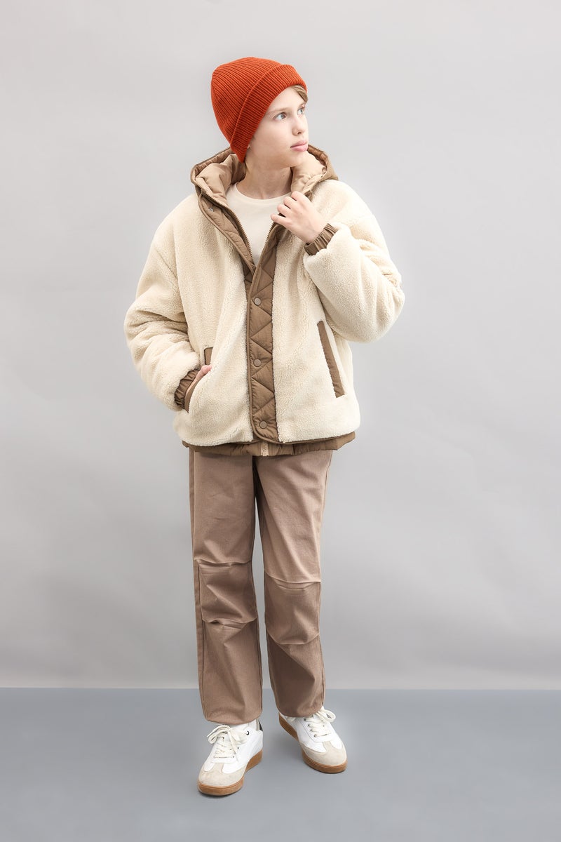 DeFacto Beige Boy Windproof Hooded Pocketed Puffer Jacket Casual - Image 2
