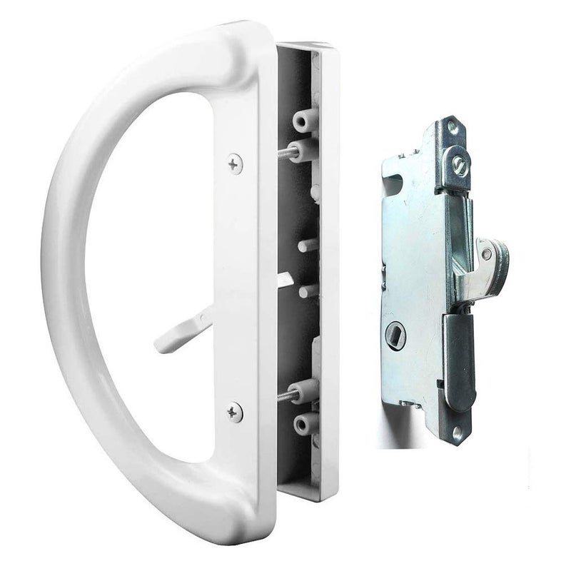HauSun Patio Door Handle Set + Mortise Lock 45 Perfect Replacement For Sliding Glass Door Fits 3-15/16 Screw Hole Spacing Non-Keyed With Latch Locks White Diecast Reversible Design(Non-Handed) - Image 1