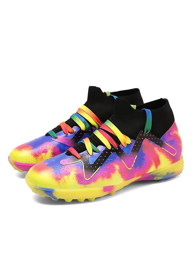 X807-2 High-Top Artificial Lawn Football Shoes with Cleats, Black Leather Children's Foot Training Shoes for Young Students
