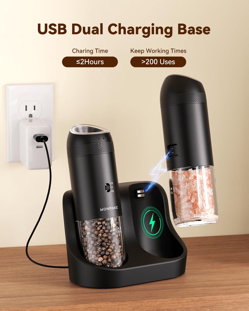 WONMAKE Gravity Electric Salt and Pepper Grinder Set with Charging Base, Automatic Salt and Pepper Mill, 6-Level Adjustable Coarseness, Dual Speed, and Large 5.95oz Capacity - Image 2