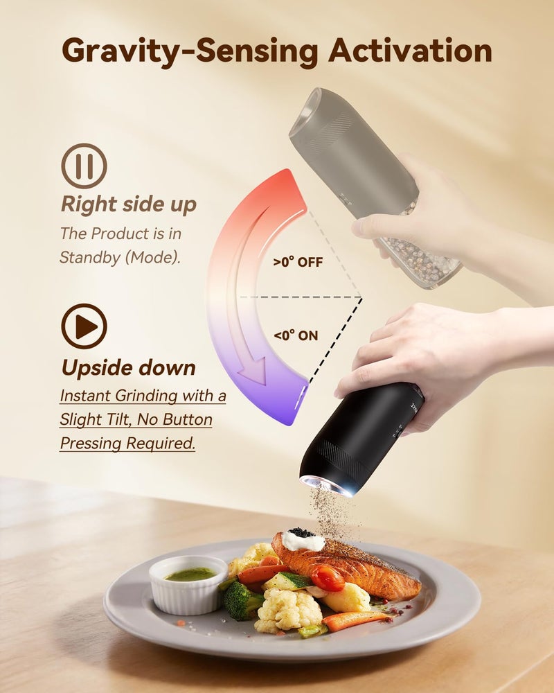 WONMAKE Gravity Electric Salt and Pepper Grinder Set with Charging Base, Automatic Salt and Pepper Mill, 6-Level Adjustable Coarseness, Dual Speed, and Large 5.95oz Capacity - Image 3