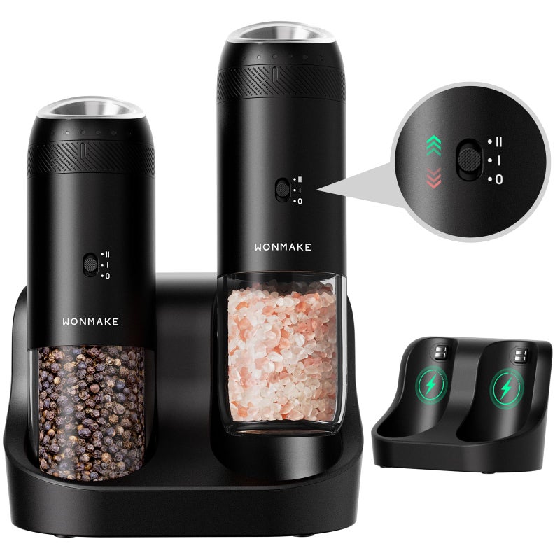 WONMAKE Gravity Electric Salt and Pepper Grinder Set with Charging Base, Automatic Salt and Pepper Mill, 6-Level Adjustable Coarseness, Dual Speed, and Large 5.95oz Capacity - Image 1